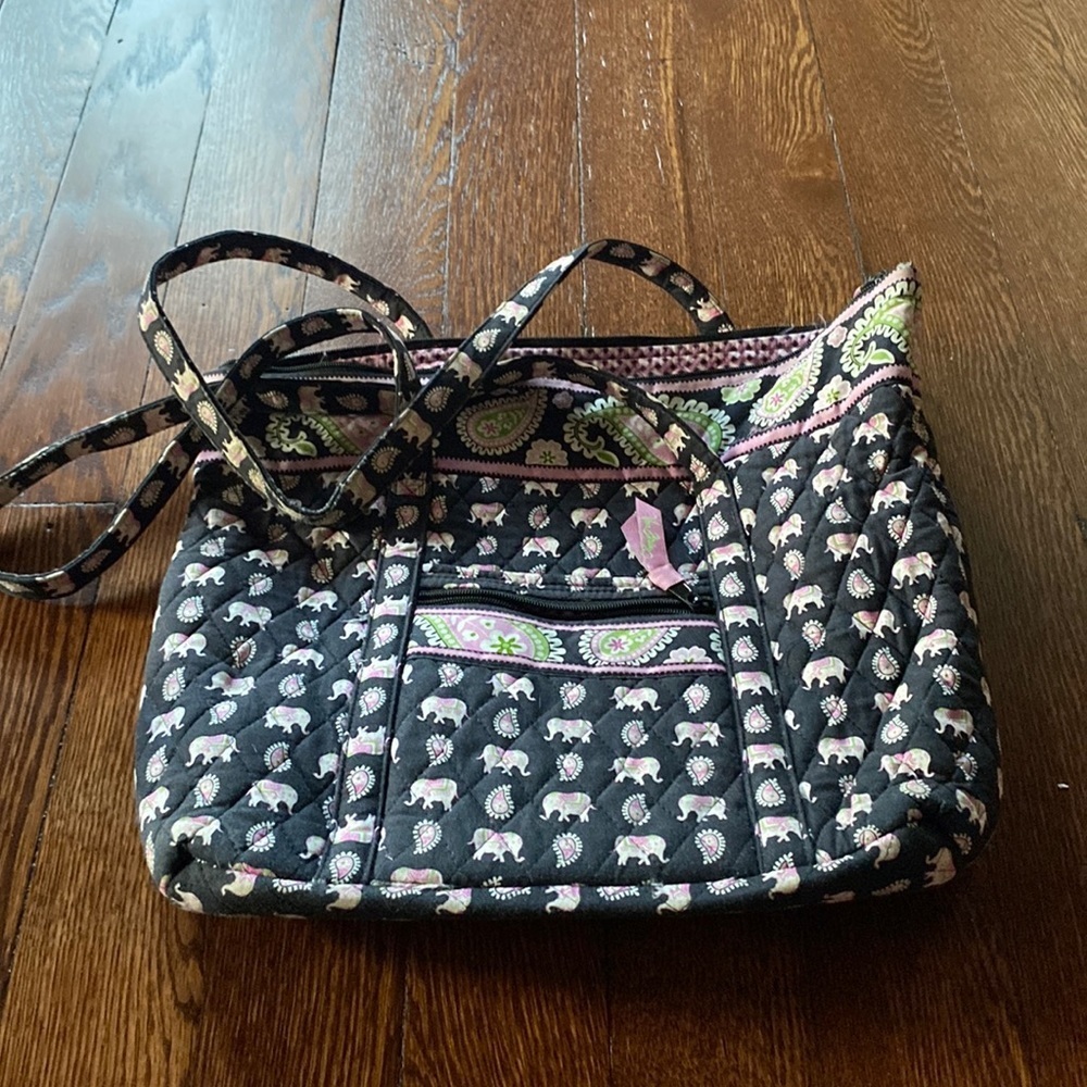 Vera Bradley Black Quilted Shoulder Bag with Pink Elephant Print